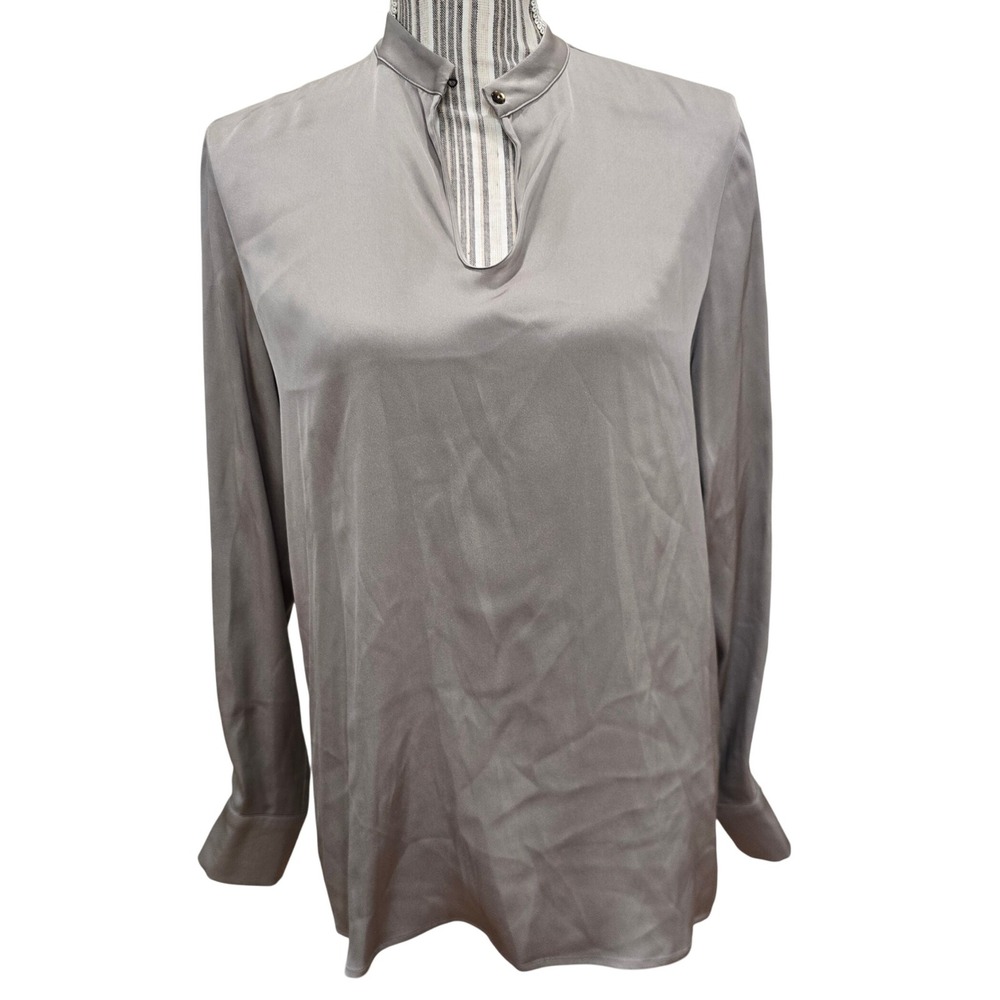 Eleventy Silk Stretch Band Collar Keyhole Blouse IT‎ 42 Medium Taupe Made Italy
